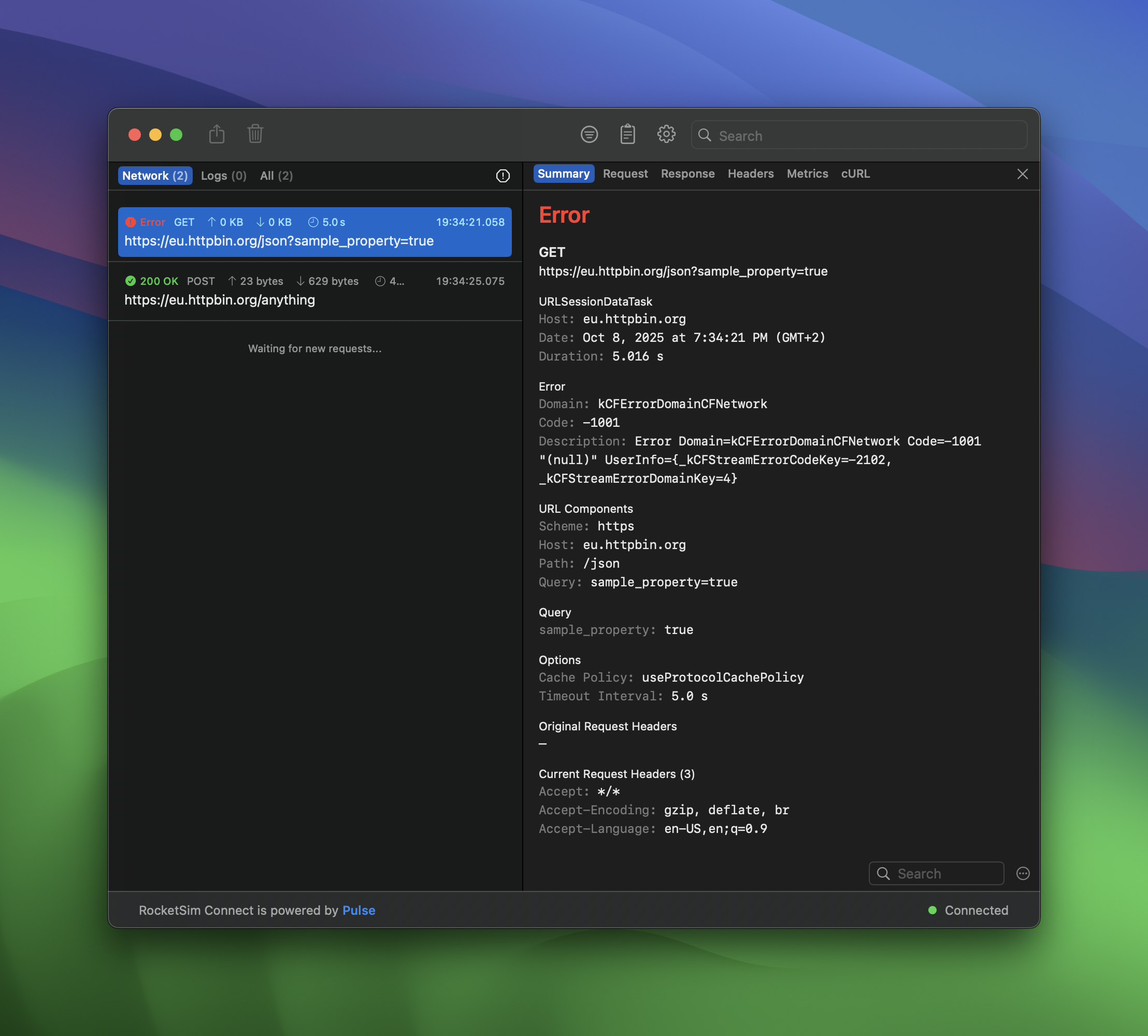A failed URLSession network request as displayed inside RocketSim's Network Monitor.